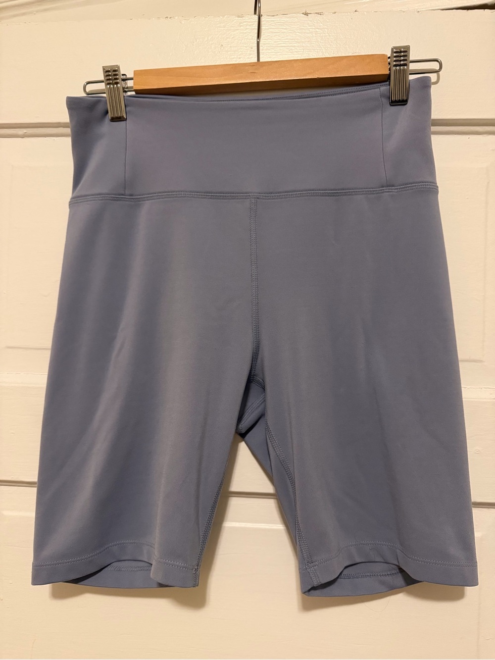 girlfriend collective High-Rise Bike Shorts in Dusty Lavender/pewter blue color